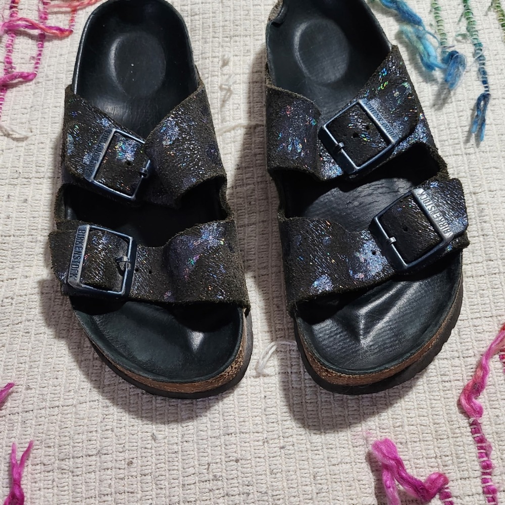 Birkenstock Arizona Sandals Black Iridescent Metallic Suede Slides 9.5in
